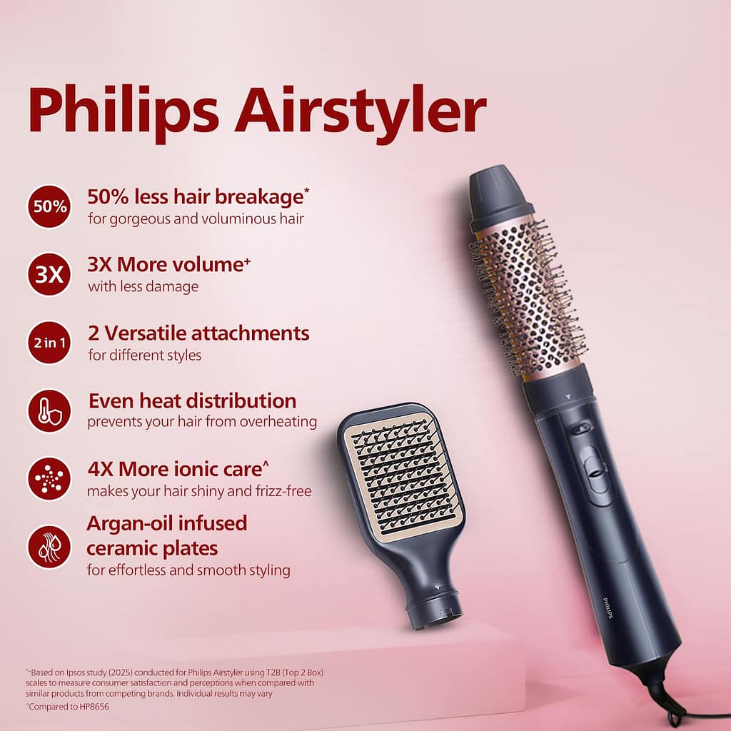 Philips 2-in-1 Airstyler ThermoBrush Barrel: Adds volume at the roots, smooths strands, and reduces hair fall by up to 50%.
Paddle Straightening Brush: Helps you achieve a naturally straight look in one smooth glide.