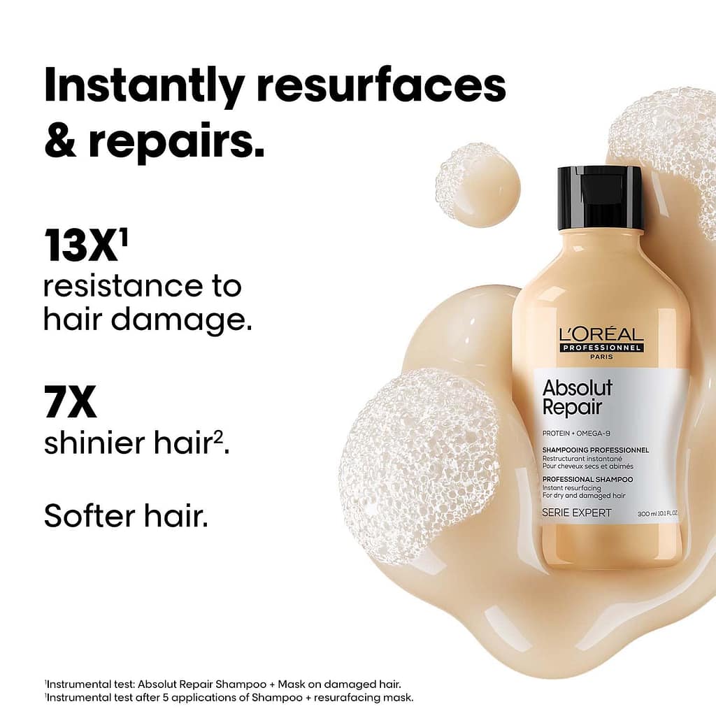 L'Oréal Professionnel Absolut Repair Shampoo is a professional salon-quality shampoo specially formulated for dry and damaged hair.