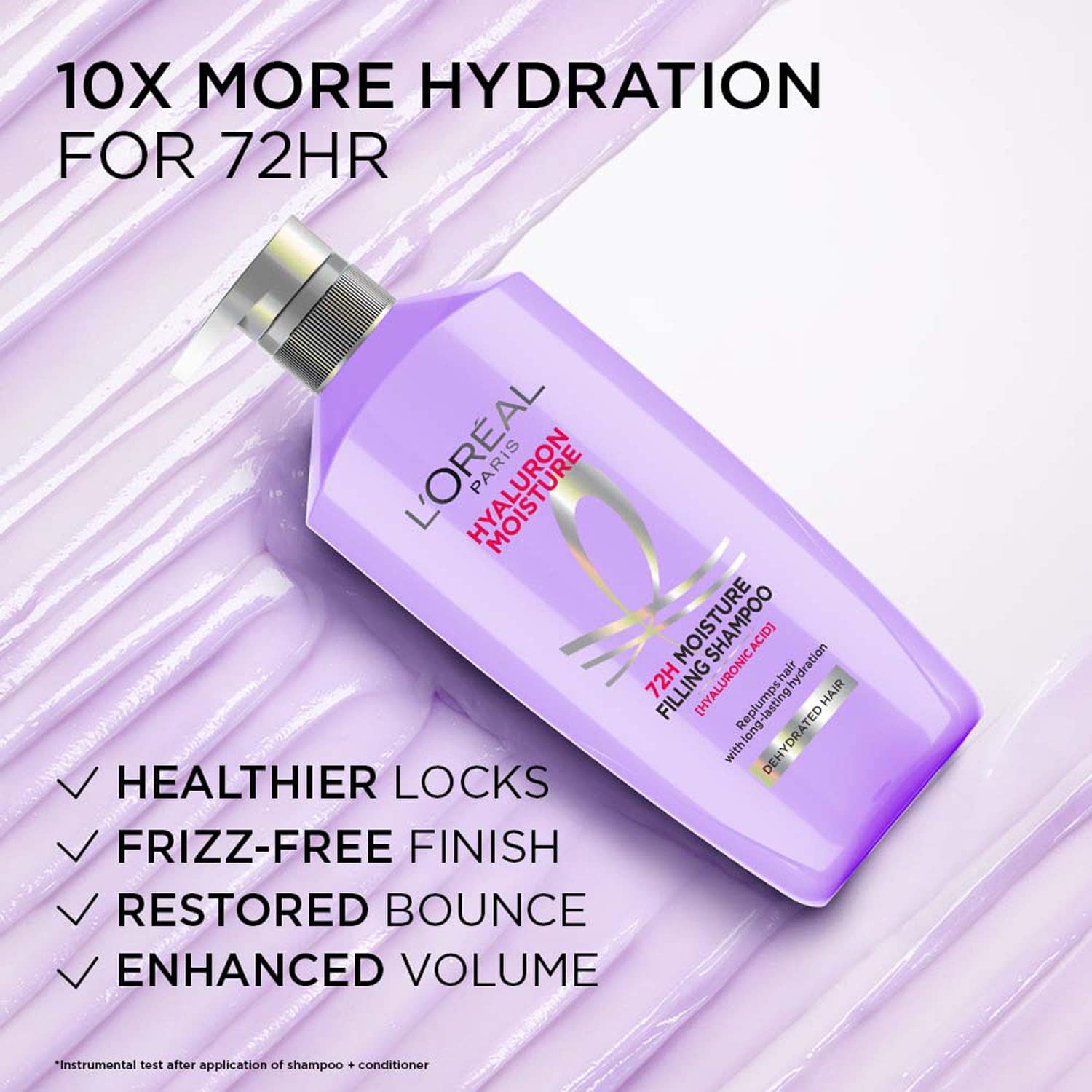 L'Oreal Paris Hyaluron Moisture 72Hr Filling Shampoo With Hyaluronic Acid, For Frizz-Free, Hydrated And Bouncy Hair Full Of Life